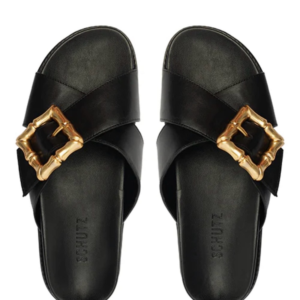 Schutz Black and Gold Women's Slide Sandals